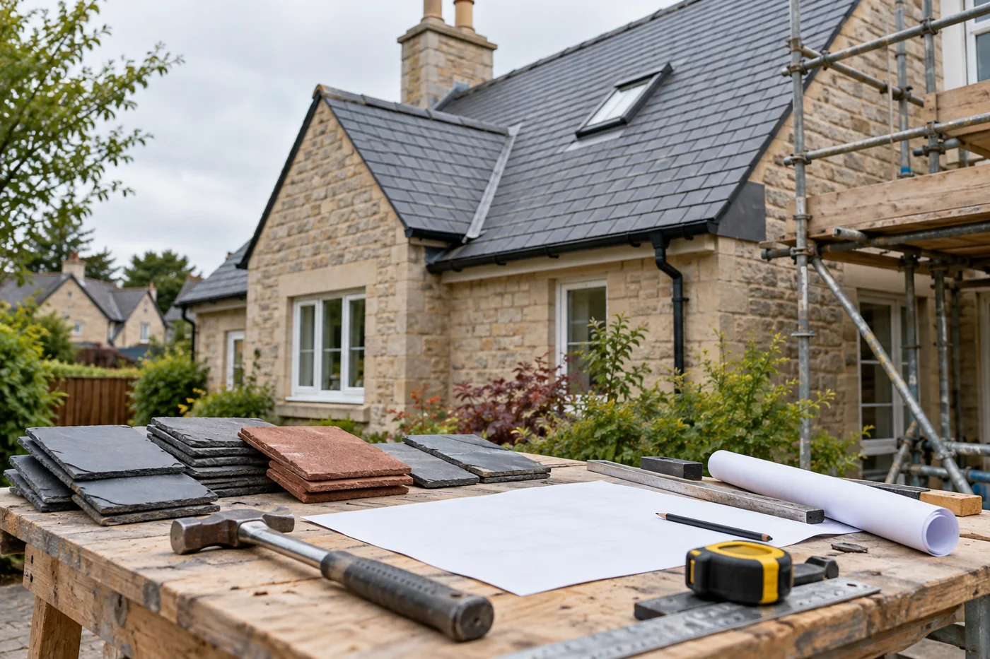 Roofing tools, material samples and a blank plan