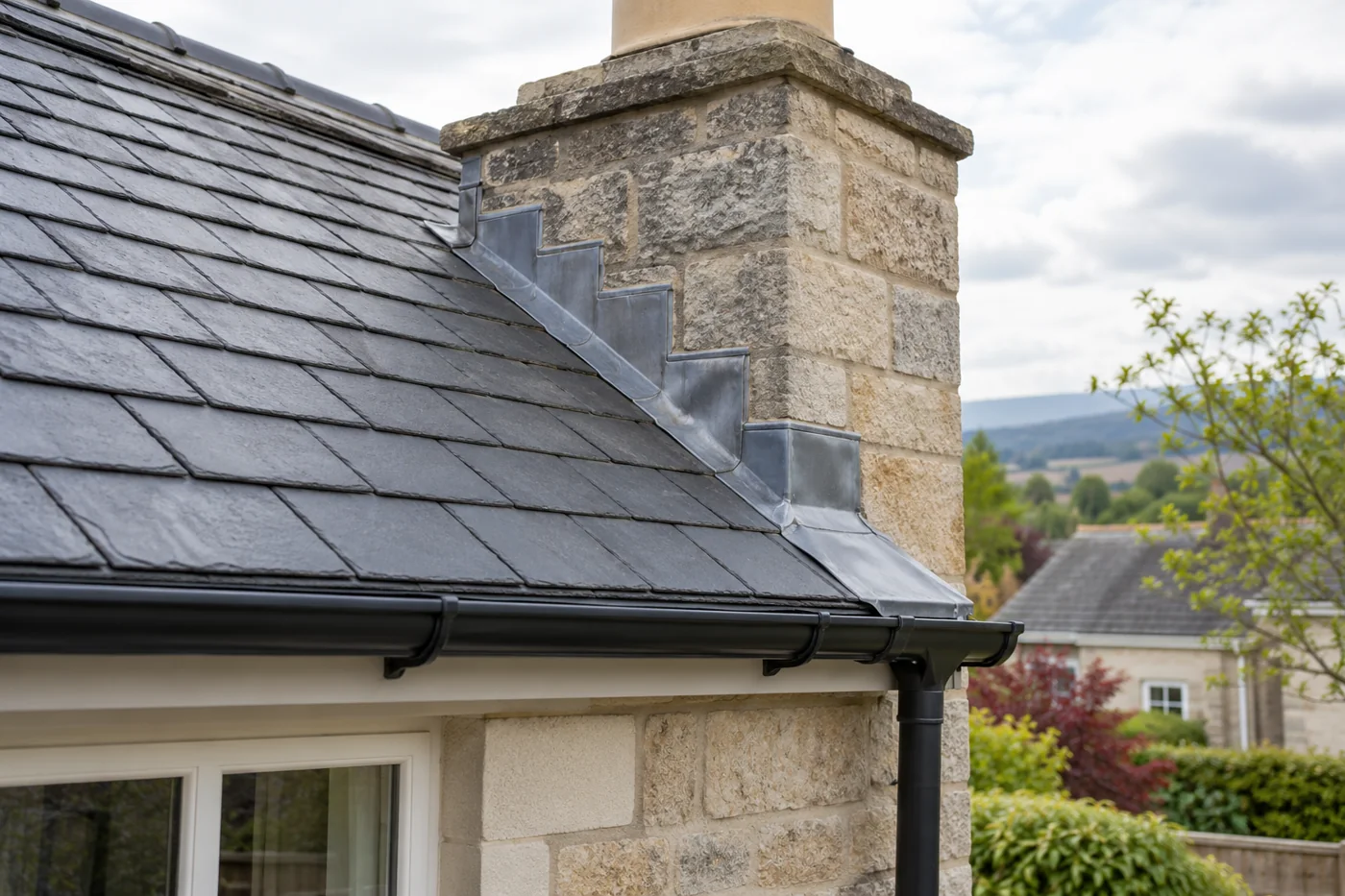 Chimney flashing and overlapping slate roof coverings