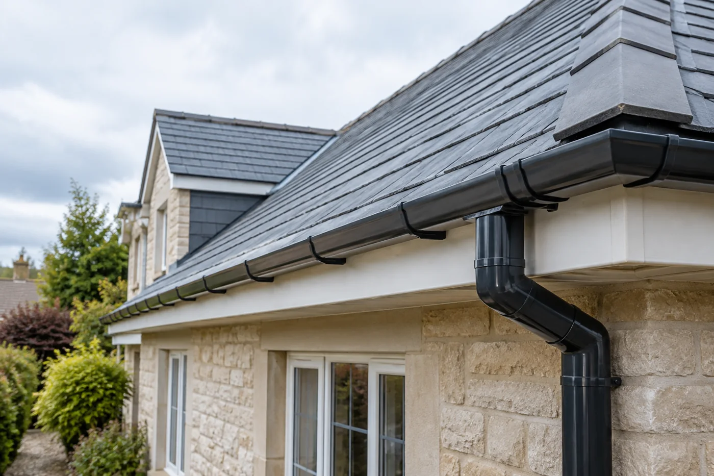 Guttering, fascia and downpipe beneath domestic roof eaves