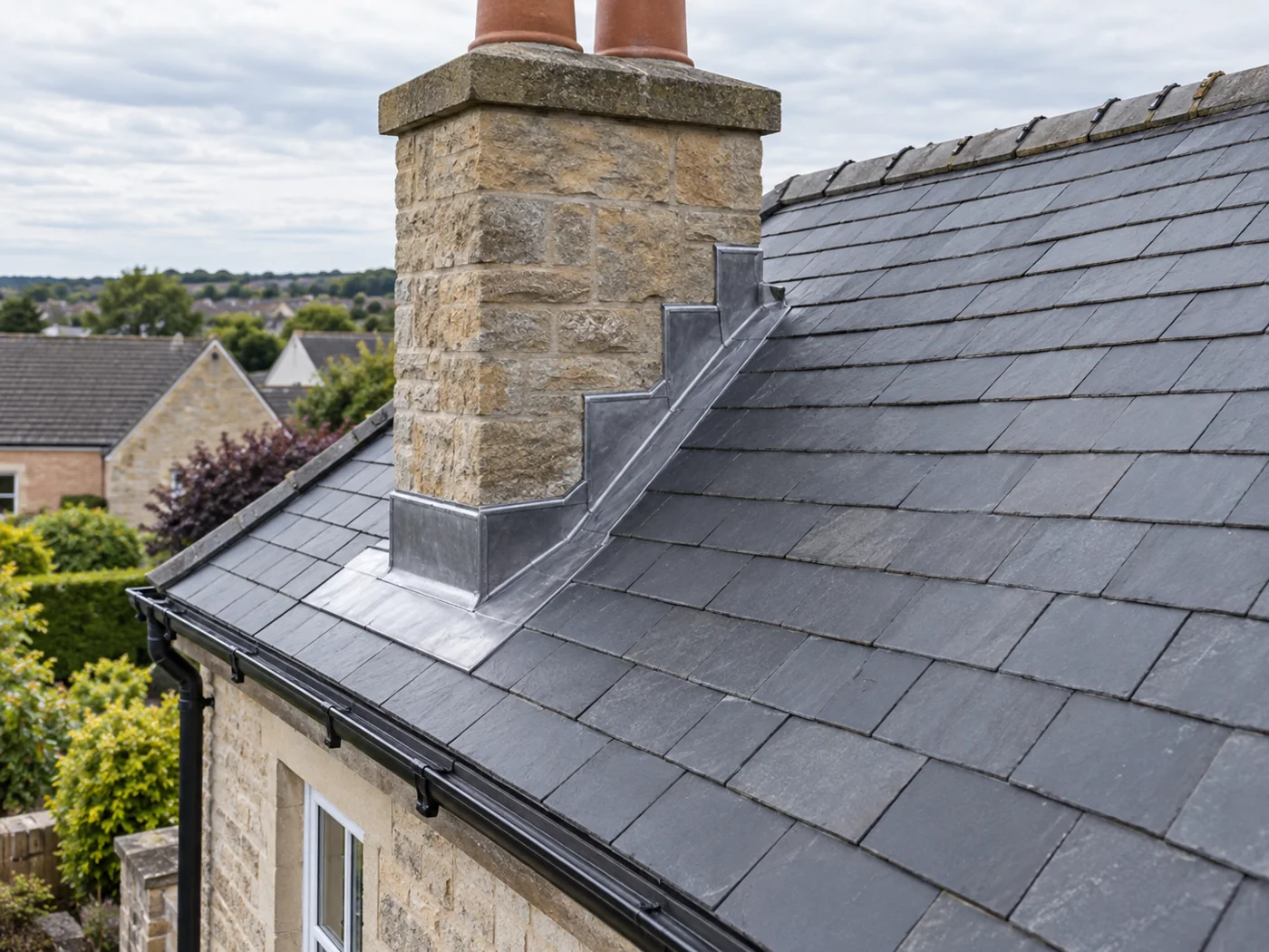 Chimney flashing and overlapping slate roof coverings