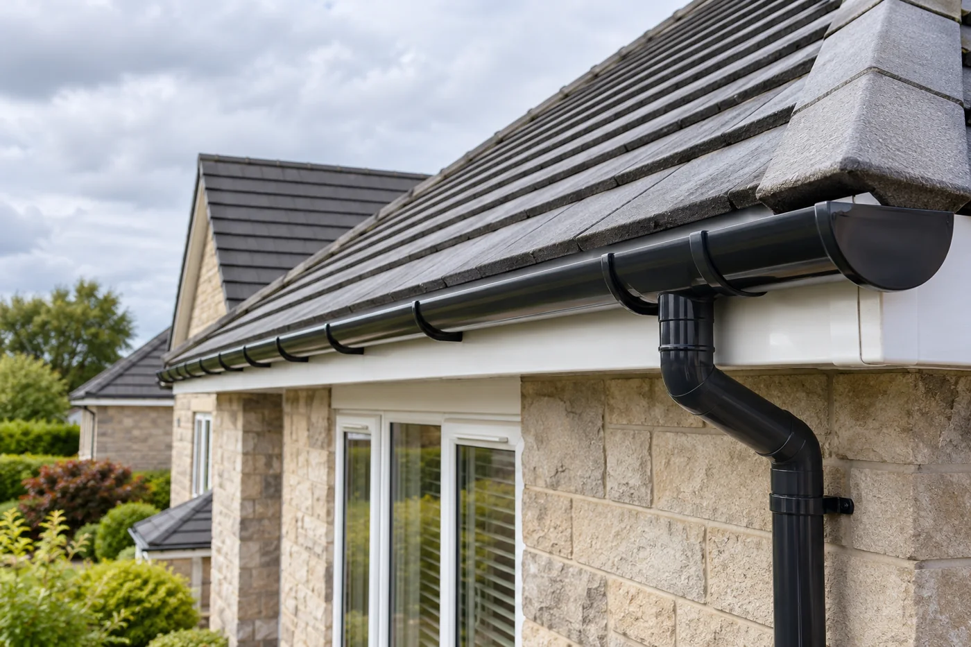 Guttering, fascia and downpipe beneath domestic roof eaves