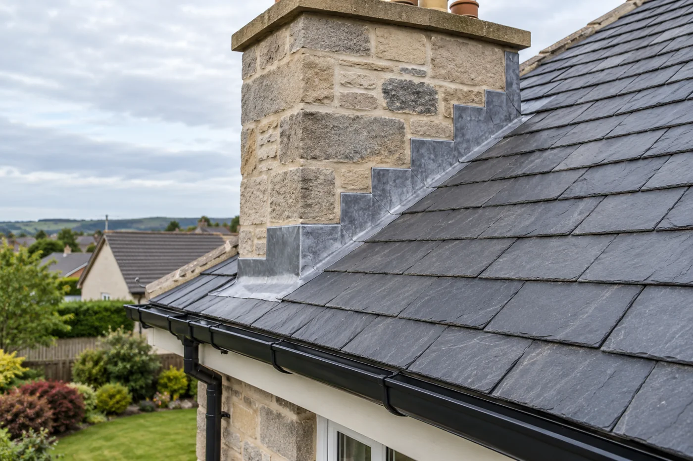 Chimney flashing and overlapping slate roof coverings