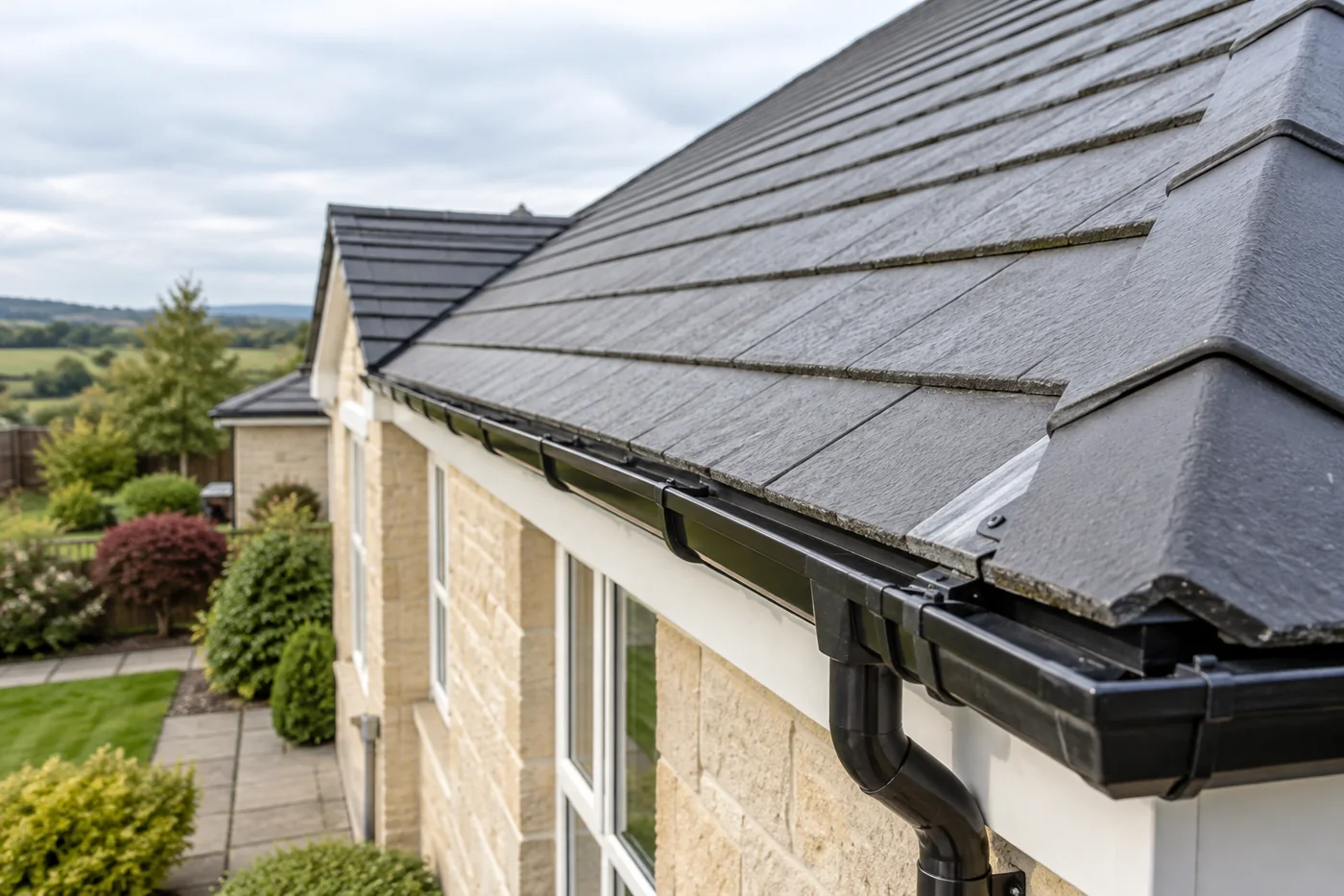Guttering, fascia and downpipe beneath domestic roof eaves