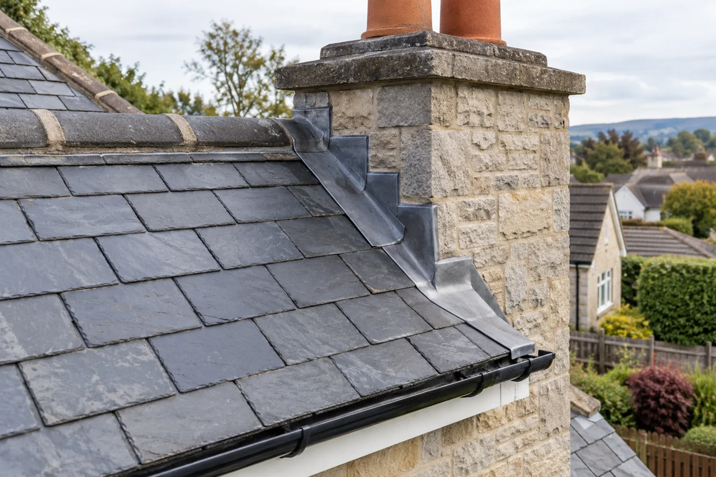 Chimney flashing and overlapping slate roof coverings