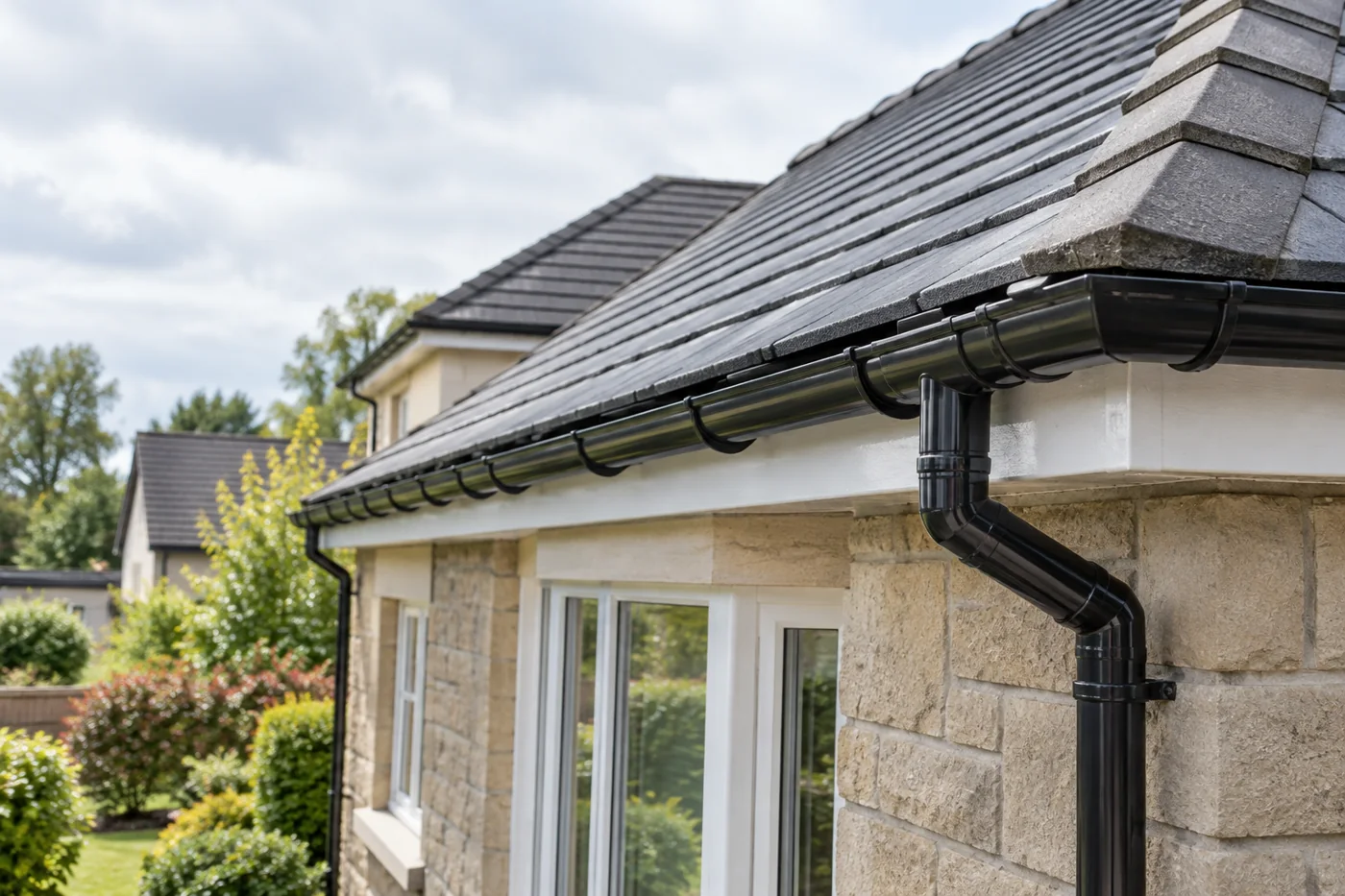 Guttering, fascia and downpipe beneath domestic roof eaves