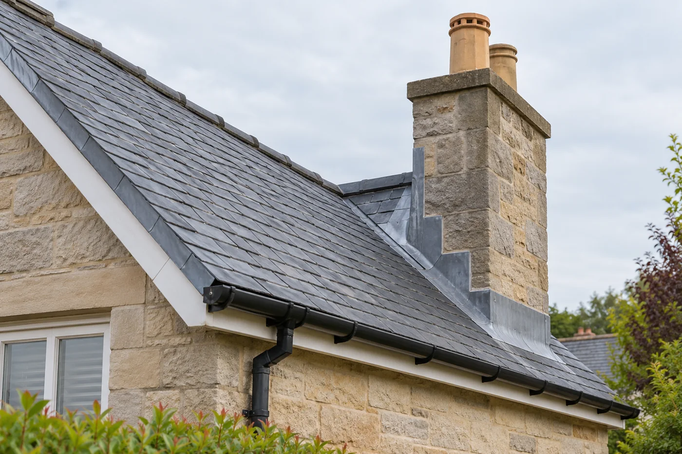 Chimney flashing and overlapping slate roof coverings