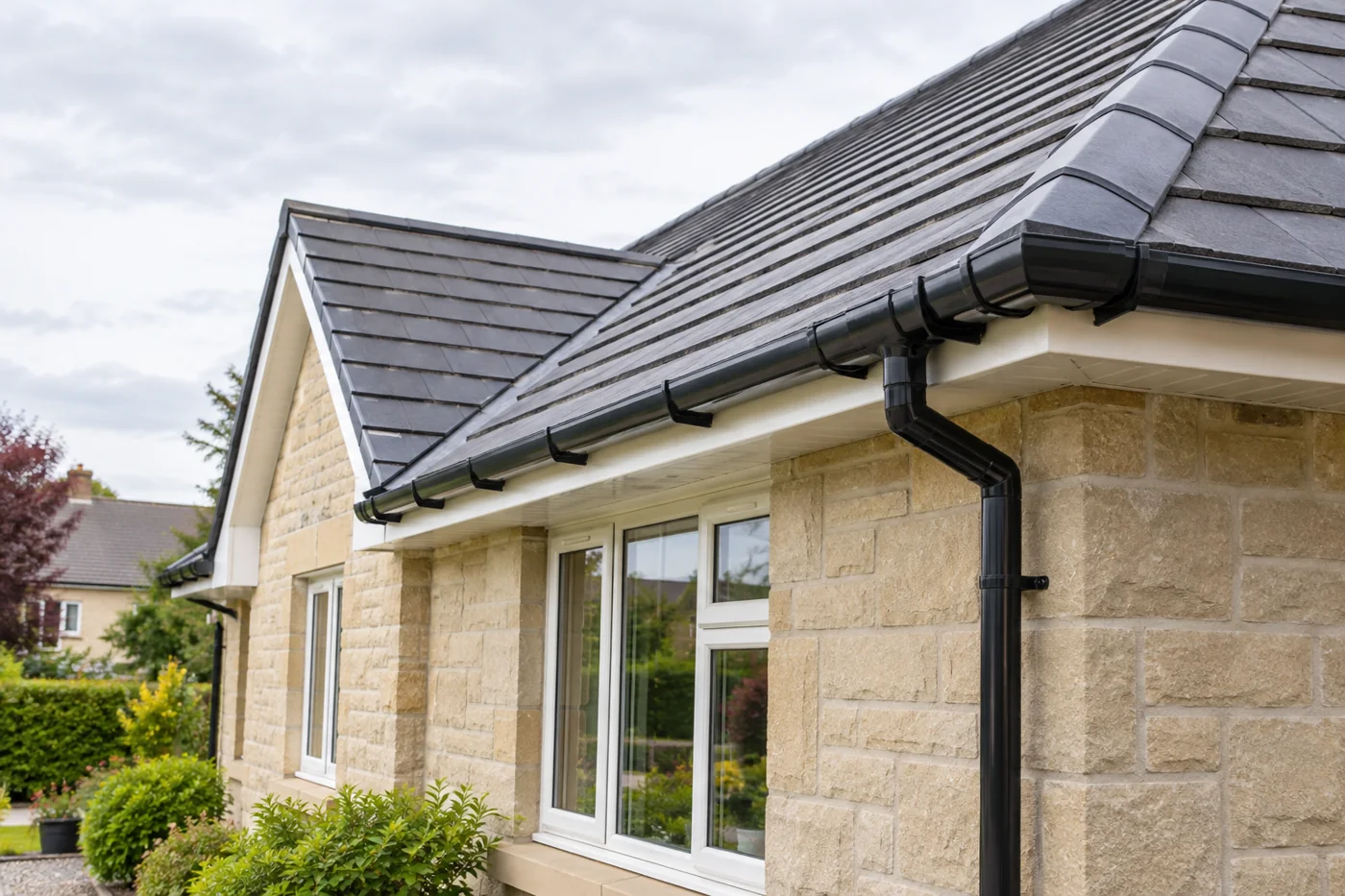 Guttering, fascia and downpipe beneath domestic roof eaves