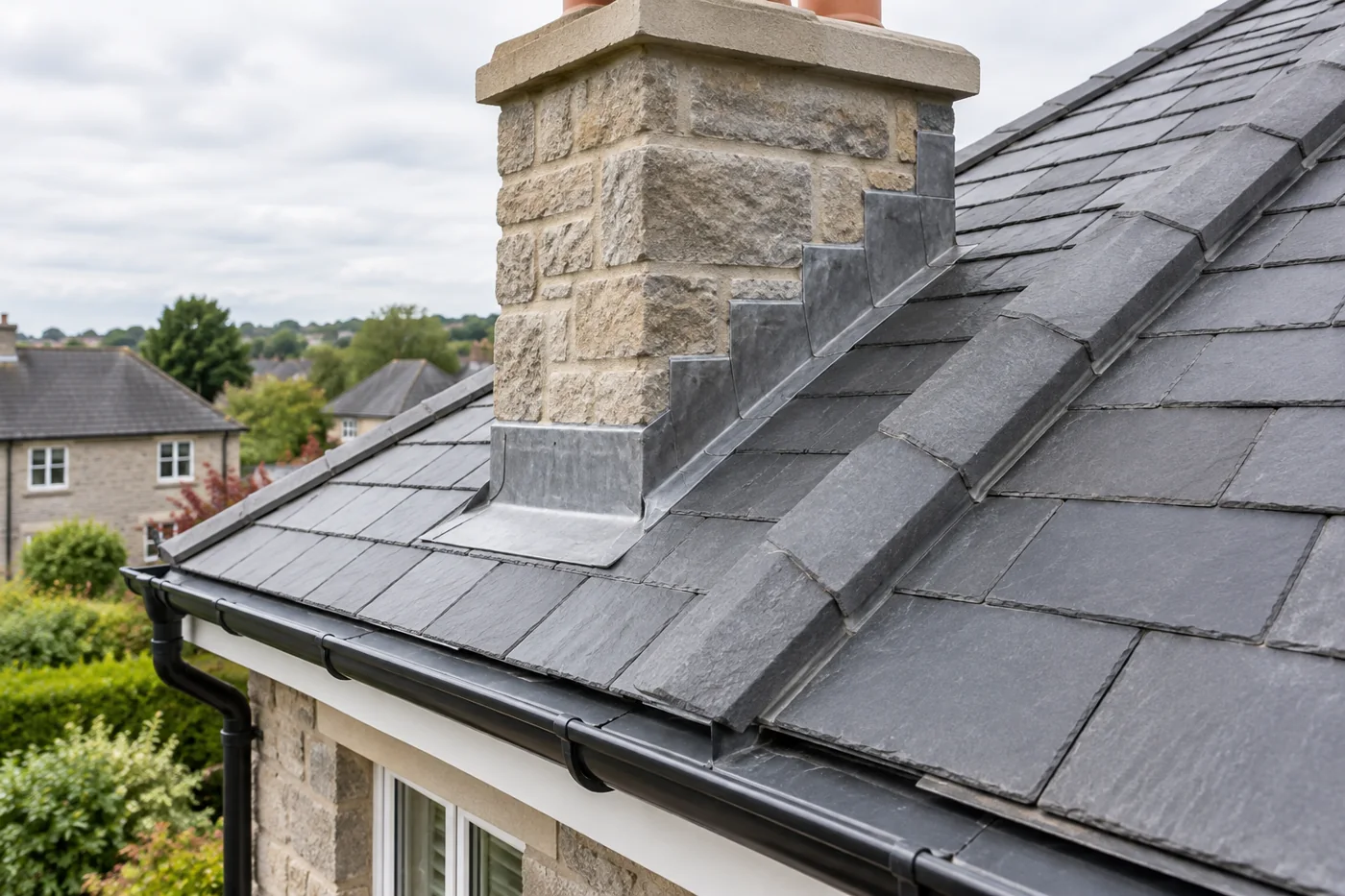 Chimney flashing and overlapping slate roof coverings