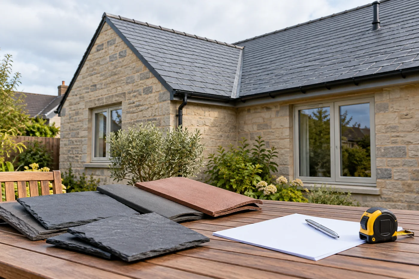 Roofing material samples and measuring tools