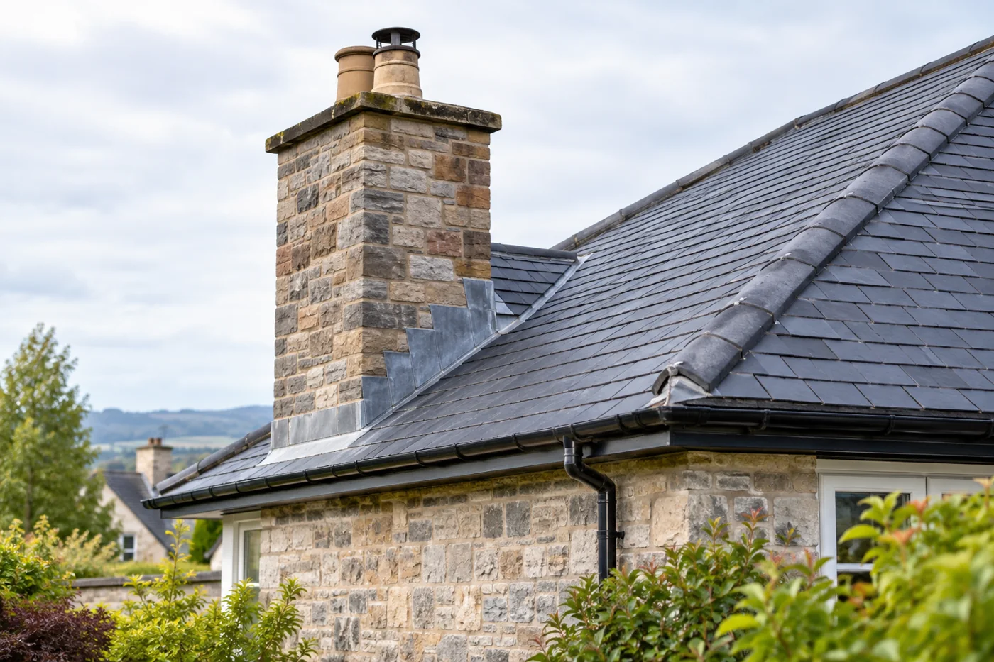 Brick chimney and stepped lead flashing