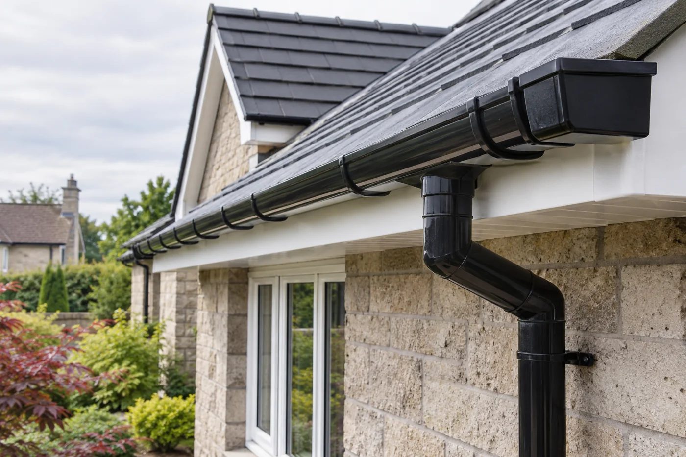 Guttering and fascia beneath domestic eaves