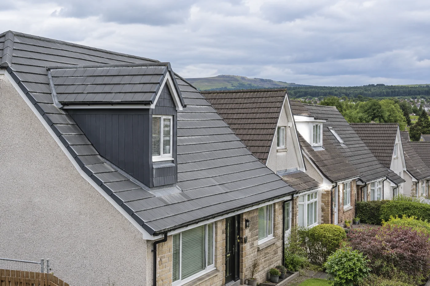 Pitched roofs along a residential street