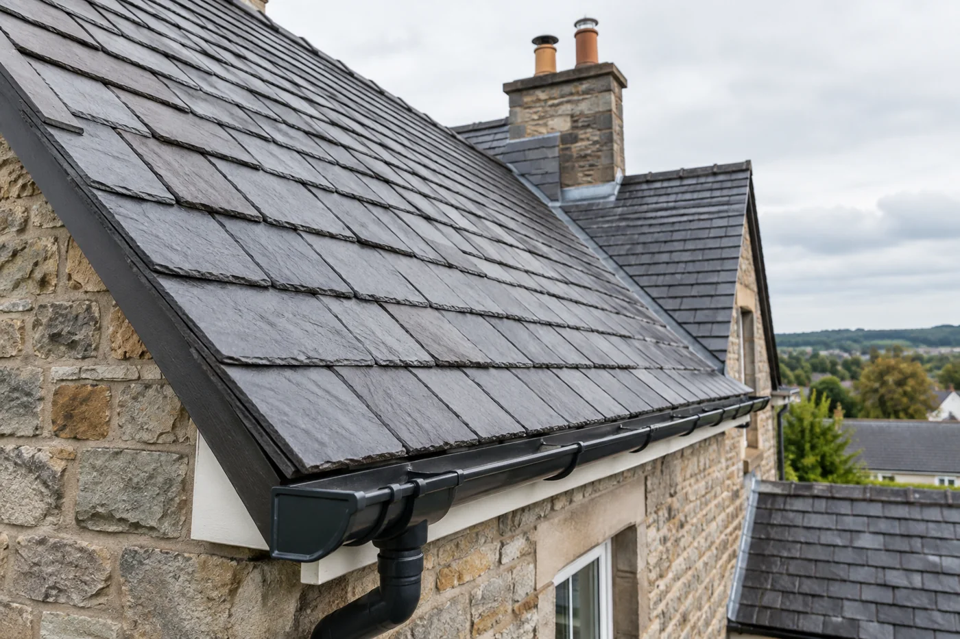Natural slate roof eaves and gutter edge