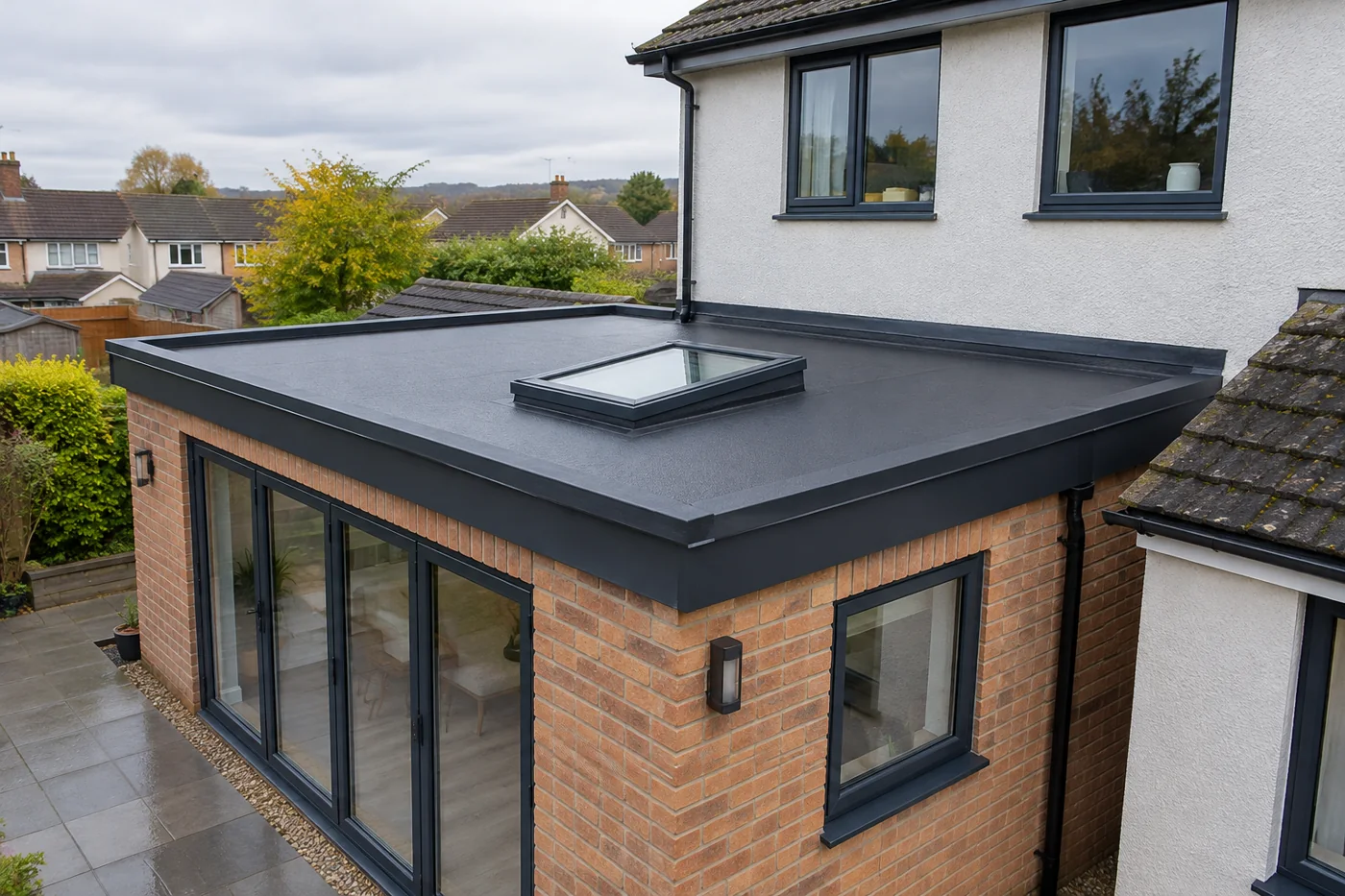Dark flat extension roof with rooflight