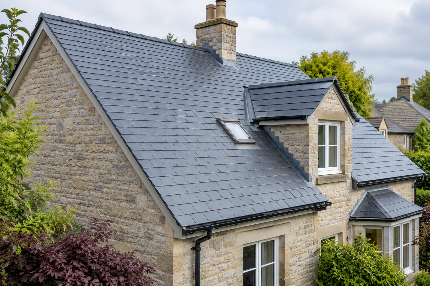 Slate roof with dormer windows and stone chimney