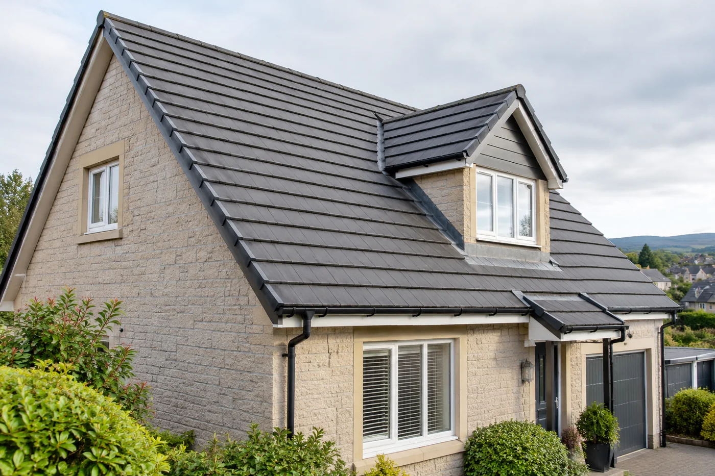 Tiled pitched roof on a stone house