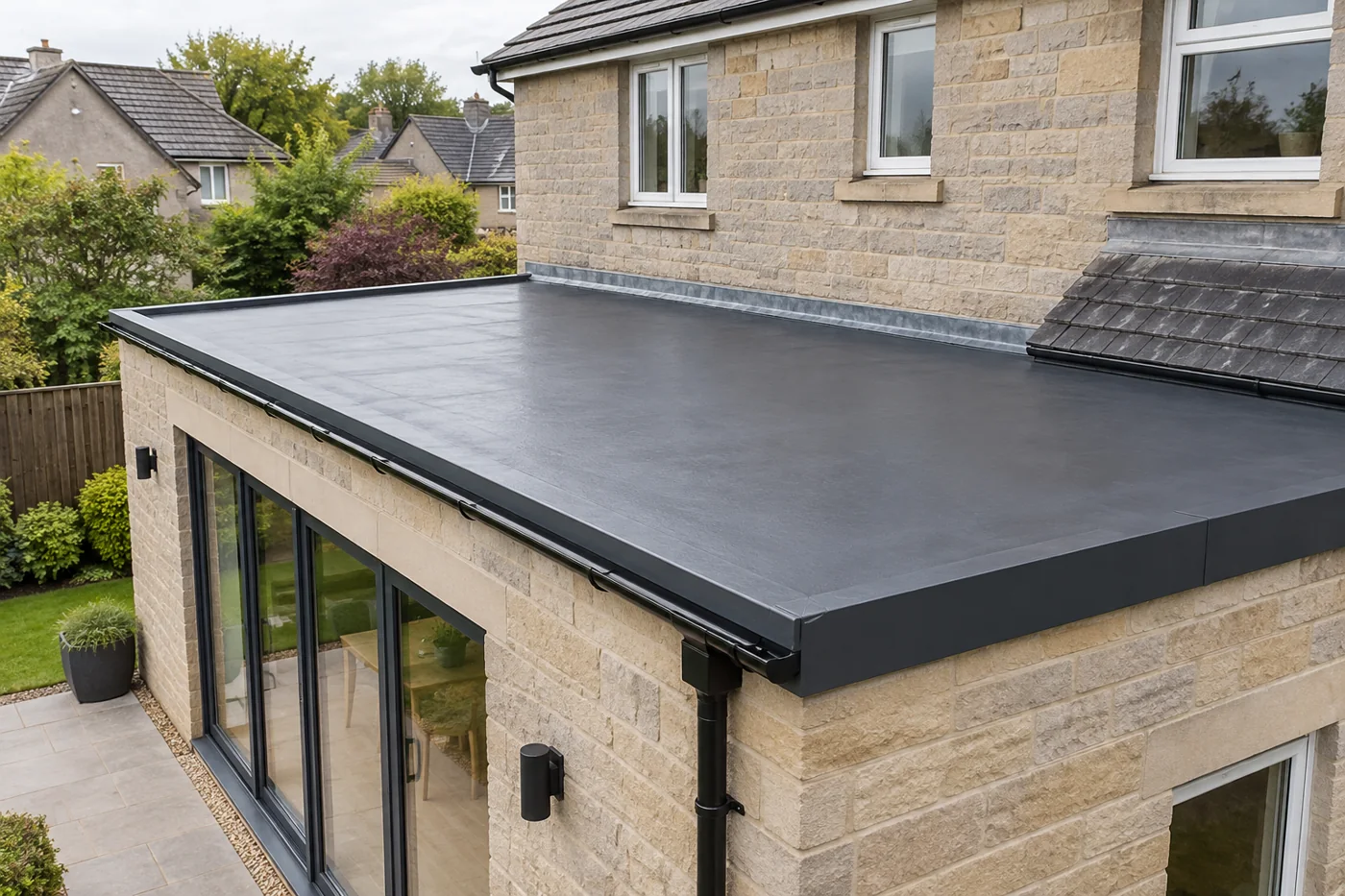 Flat roof extension with dark membrane and edge trim