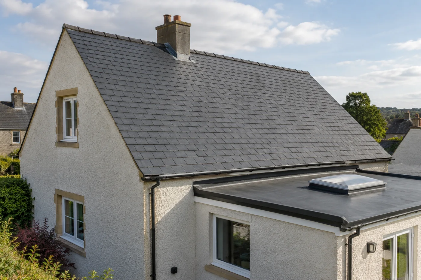 Pitched roof with a domestic flat roof extension