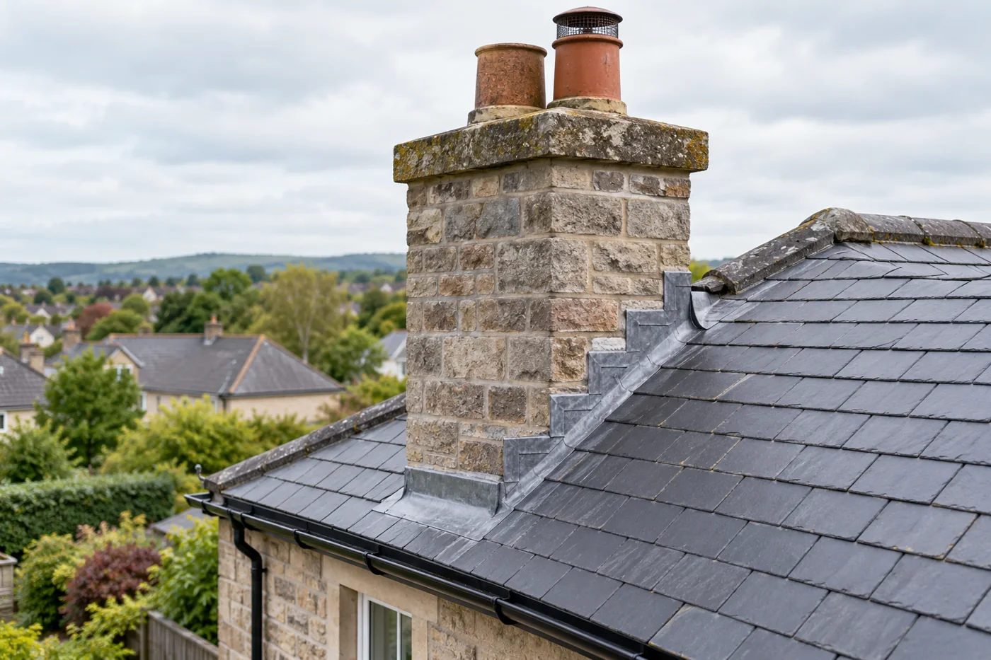 Brick chimney and lead flashing on a pitched roof
