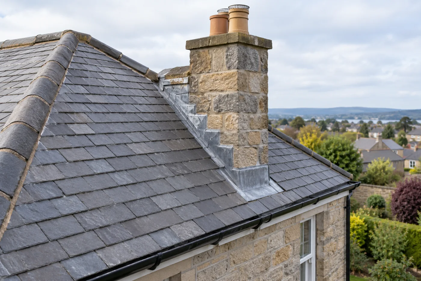 Chimney junction with stepped flashing and slates
