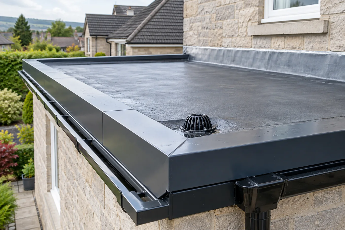 Flat roof perimeter trim and drainage detail