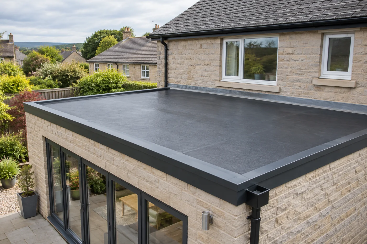Flat roof extension with dark roof covering