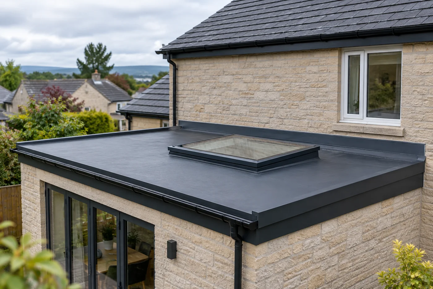 Flat roof with rooflight and wall abutment