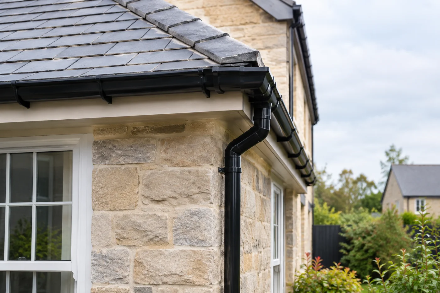 Domestic guttering and downpipe beneath the eaves