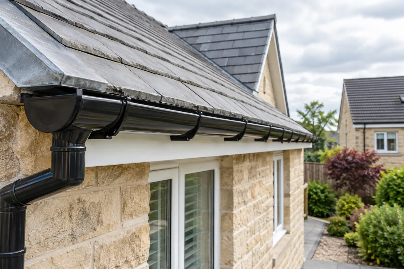 Gutter run and brackets along a roof edge