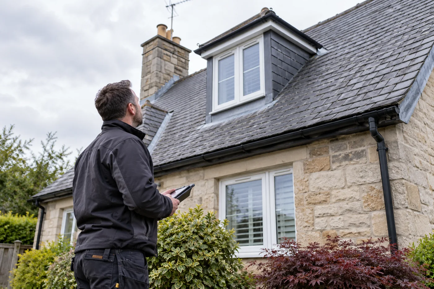 Roofer inspecting a domestic roof from ground level