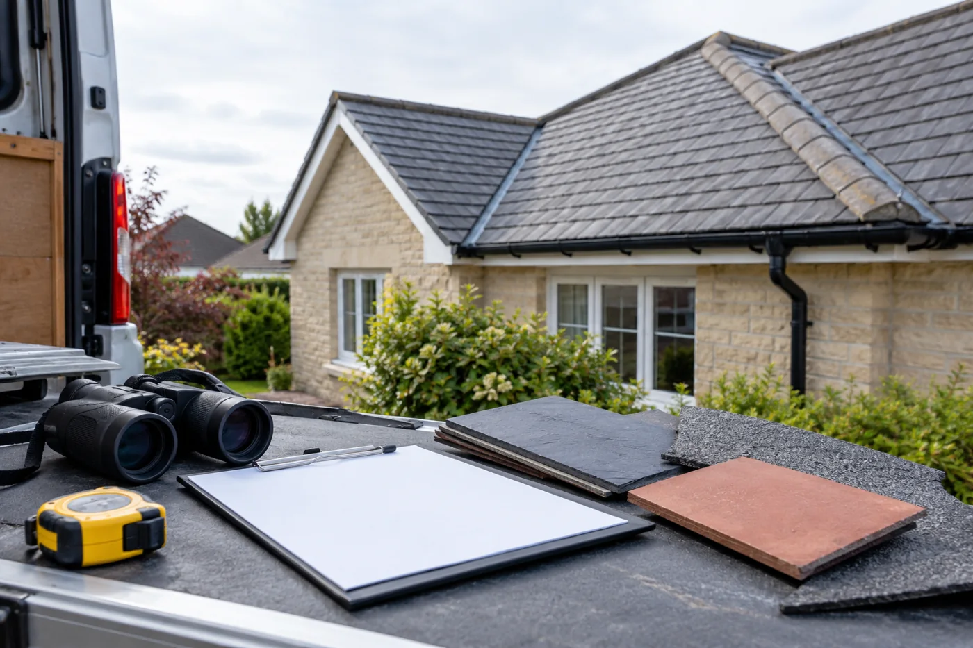 Roof inspection tools and blank clipboard