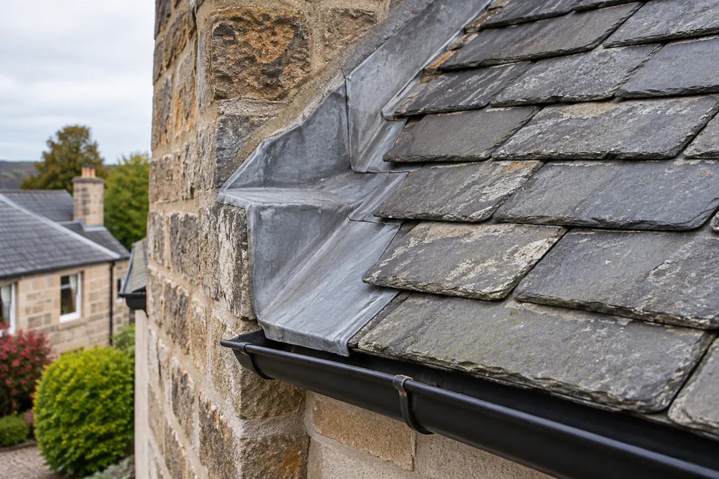 Lead flashing between a stone wall and slate roof
