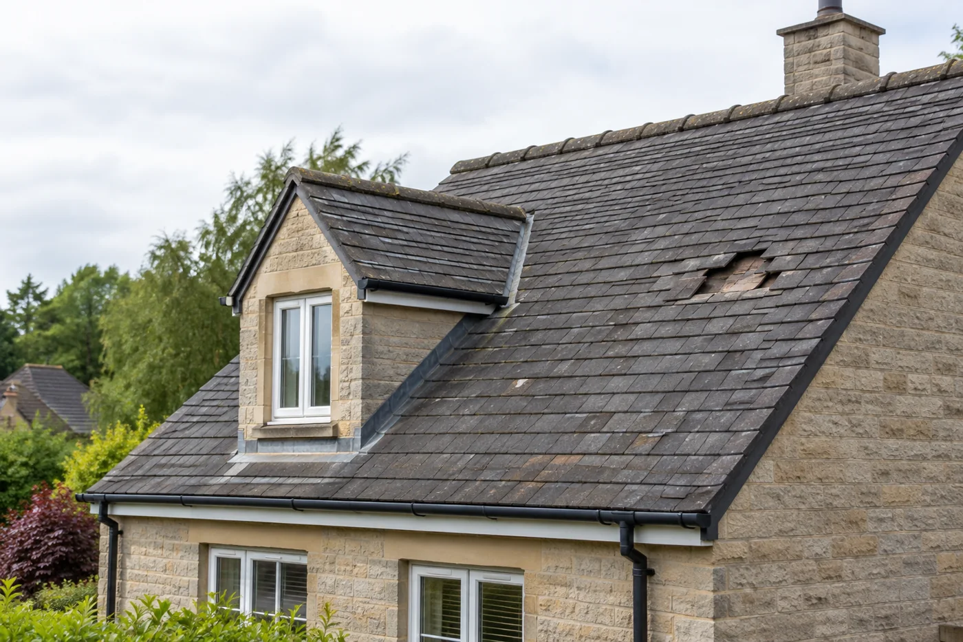 Missing roof coverings above a dormer on a pitched roof