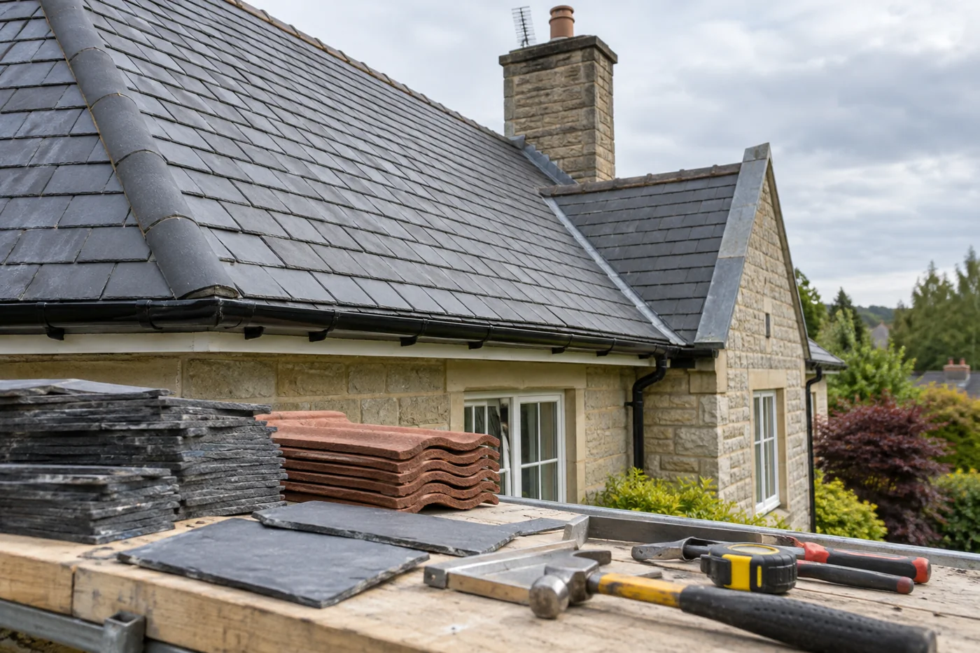 Roofing hand tools with slate and tile samples on a workbench