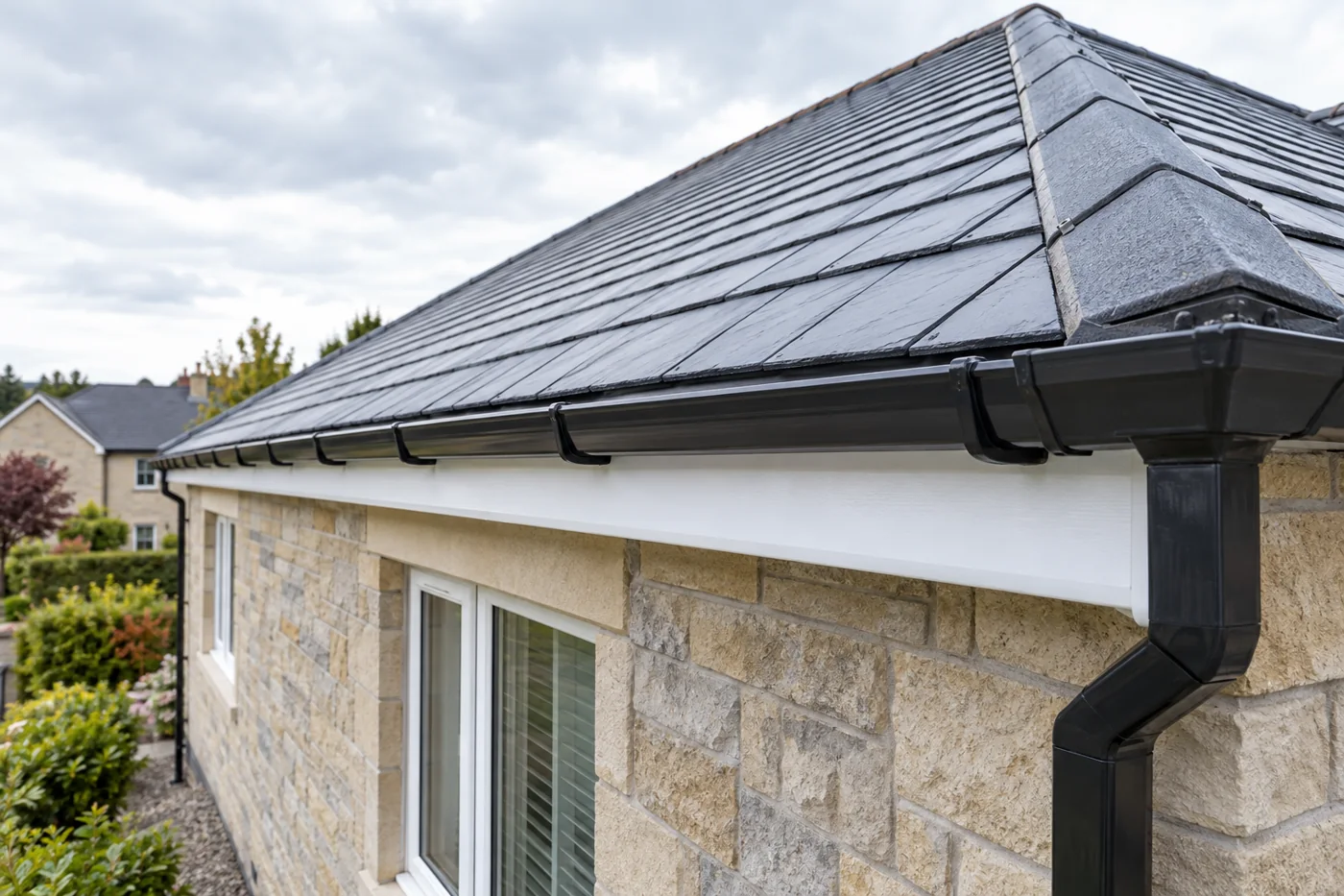 Roof covering, fascia and gutter at the eaves
