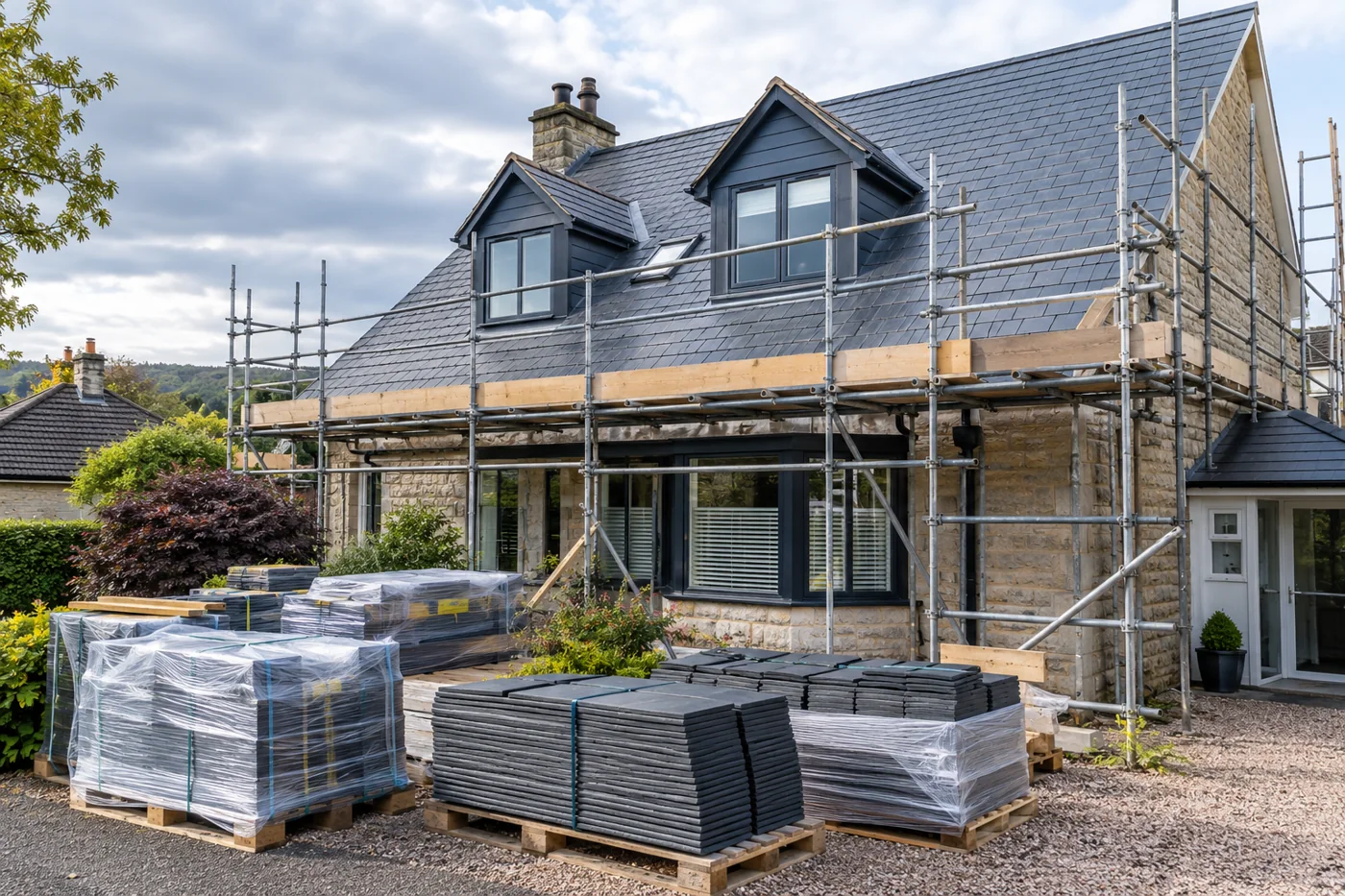 Roofing materials beside a house with guarded scaffolding
