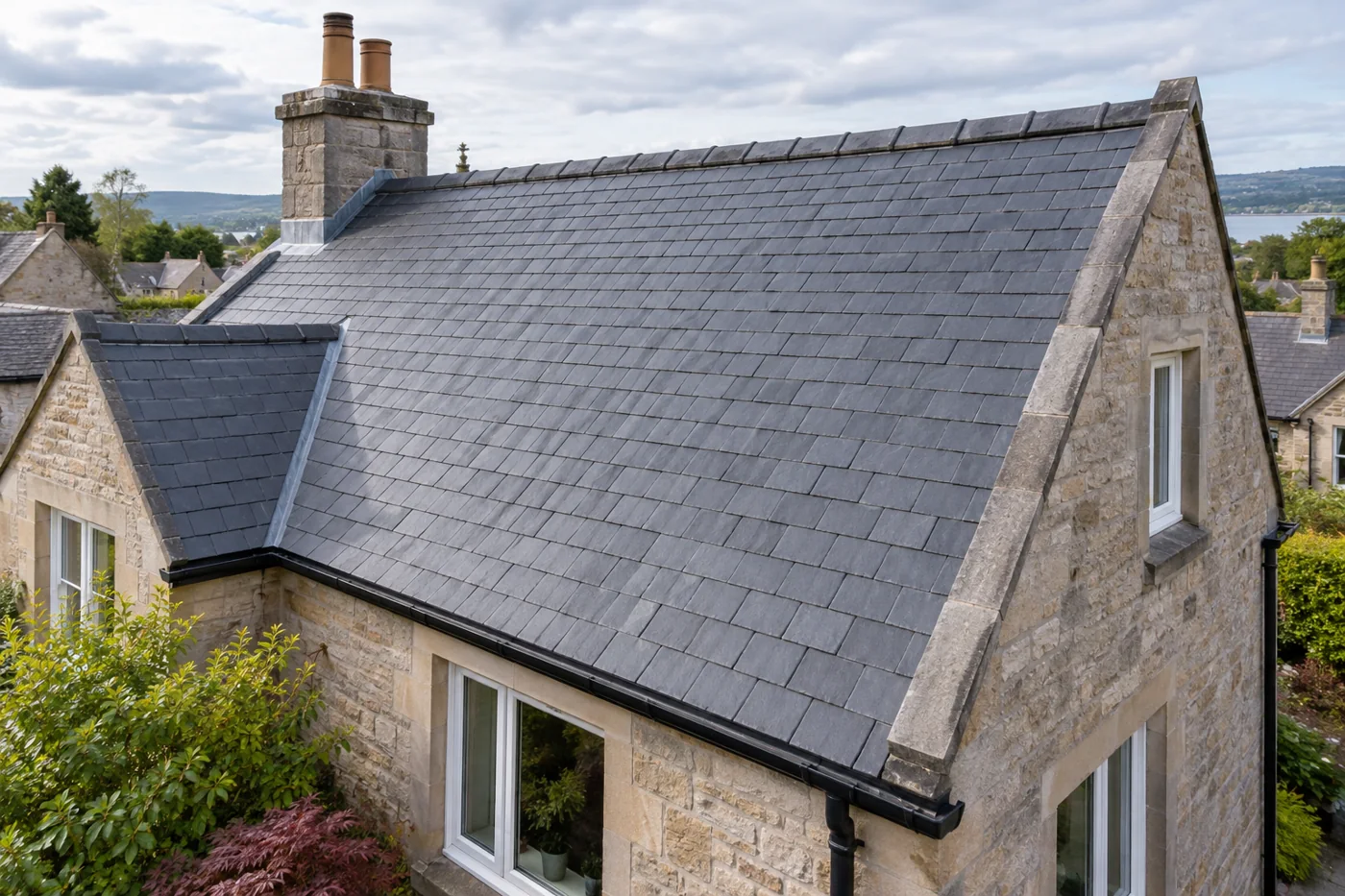 Natural slate pitched roof on a domestic house