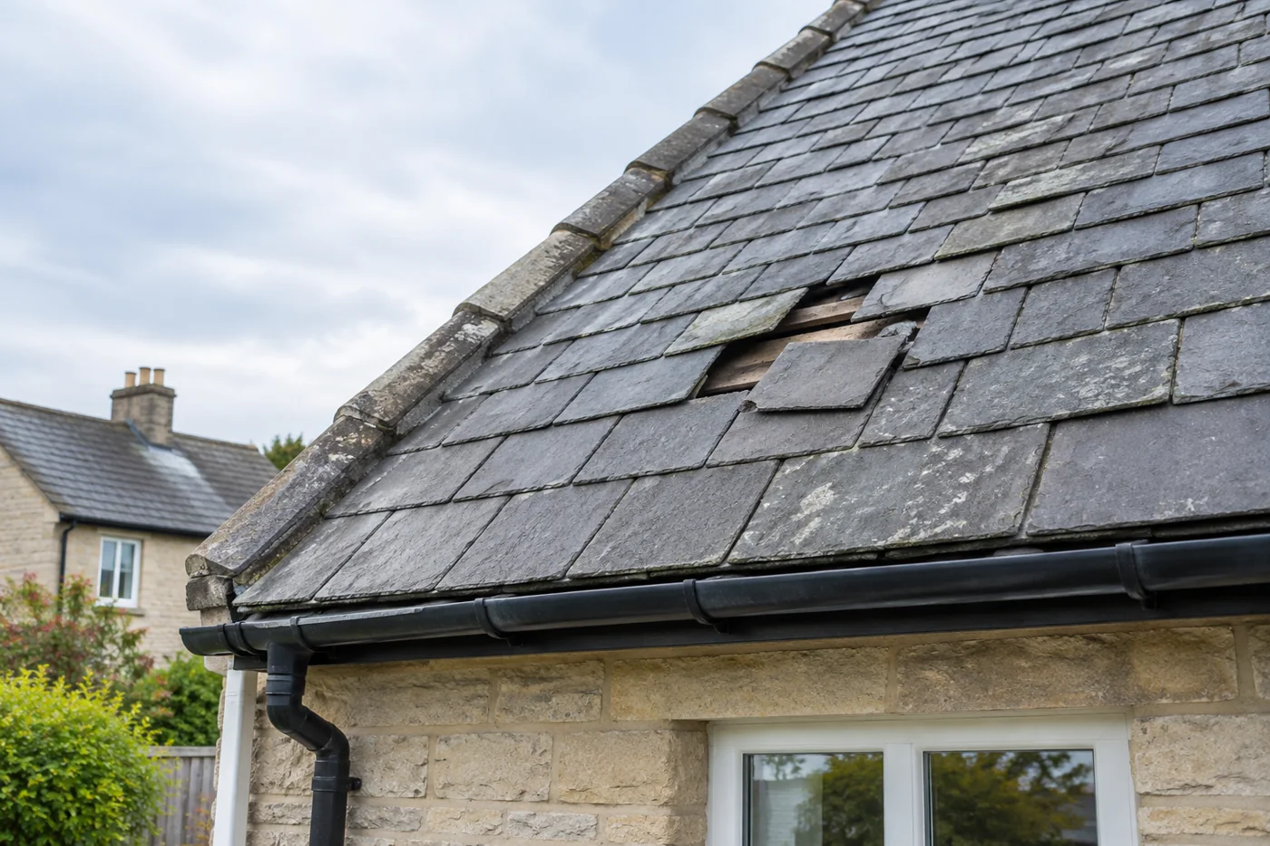 Slipped slates beside intact roof courses