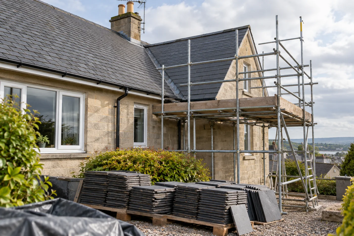 Replacement roofing materials and guarded scaffold